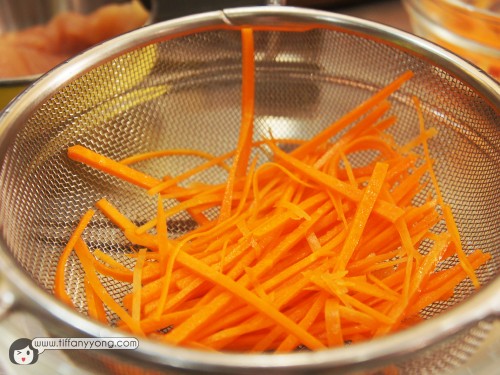 Sprinkle carrots over a seive with salt and massage lightly. So that it will be softer!